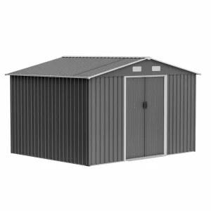 10X8 FT Outdoor Storage Shed, Metal Foundation &amp; Lockable Doors, Tool Shed For Garden, Patio, Backyard, Lawn, Grey